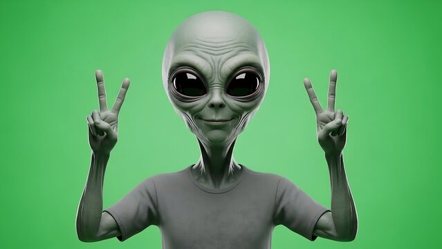 Alien makes a peace sign gesture.