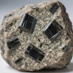 Its large amphibole phenocrysts embedded in a finer matrix indic