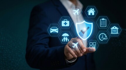 Businessman interacting with a virtual insurance dashboard featuring icons for health, life, car, and home protection, illustrating comprehensive digital risk management and security services.