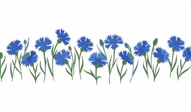 Stylized horizontal seamless vector background with blue cornflowers on white background