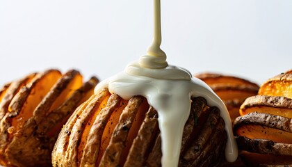 Crispy, sliced potato with creamy sauce being poured over in macro