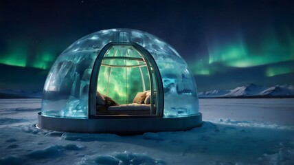 Obraz premium Northern lights hidden inside an ice capsule, surreal landscape illustration, aurora borealis concept art, futuristic nature visualization, creative environmental artwork