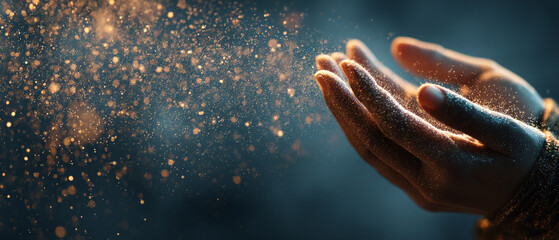 Magical gold glitter flowing from hands against dark background