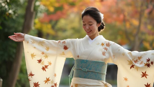秋の公園で和装の女性が穏やかに微笑む立ち姿