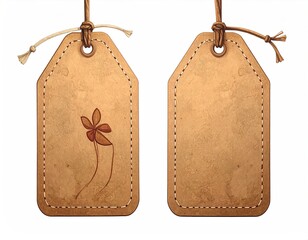 Two craft paper tags with twine and stitched edges. One with a sketch