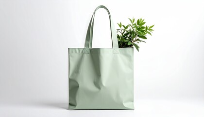 Light green tote bag with plant inside, against a clean white backdrop