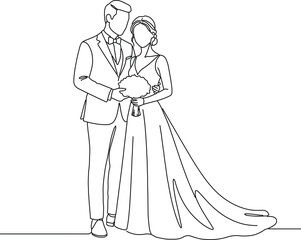 Fototapeta premium Minimal line art illustration of elegant wedding couple holding bouquet in modern outline style