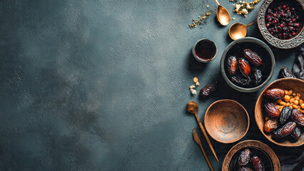 Delicious dates and dried fruits in bowls on dark background