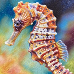 Layered colored pencils create a hyper detailed view of a seahor