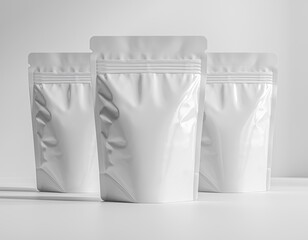 Three white stand-up pouches, clean and minimalist, against a gray backdrop