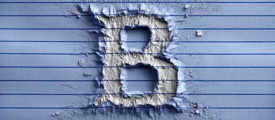 Letter B carved into weathered blue wooden planks.