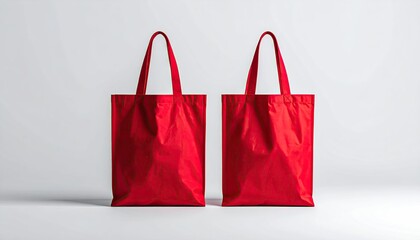 Two red tote bags stand upright against a white, simple backdrop