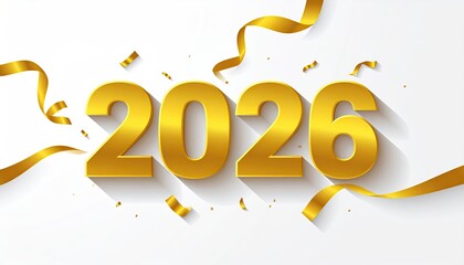 Gold 2026 numerals with ribbons and confetti on a white background