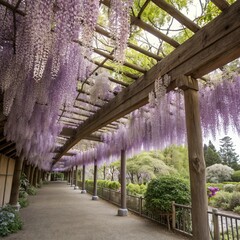 Long hanging racemes of lavender or white wisteria create a roma