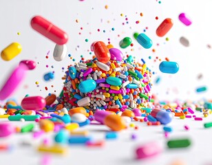 Colorful pills and capsules explosion on a white backdrop