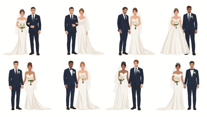 Set of different wedding couples. Bride and groom in formal clothes on wedding day, marriage ceremony. Just married love couple, newlyweds. Realistic vector illustrations isolated on white background