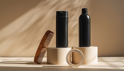 Minimalist shot of grooming items with shadows and a beige backdrop