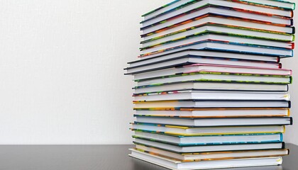 Stack of colorful books on a dark surface, white background