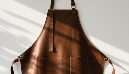 Close-up of a brown leather apron, hanging on a white wall, shadows