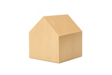 Wooden house shape model standing on a transparent background, symbolizing real estate, housing, and property concepts