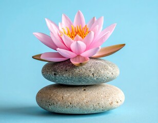Pink lotus flower balanced on grey stones against a light blue backdrop