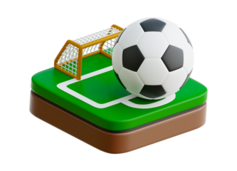A 3D rendering of a soccer ball placed near a goal on a green field. The ball is prominently displayed in the foreground, with the goal and net visible in the background.