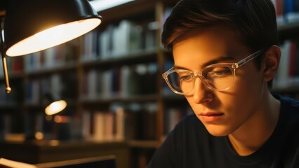 Young caucasian male student wearing glasses studying under lamp in library, surrounded by bookshelves, focused and engaged