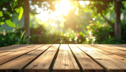 Wooden table foreground with blurred garden and bright sunlight bokeh