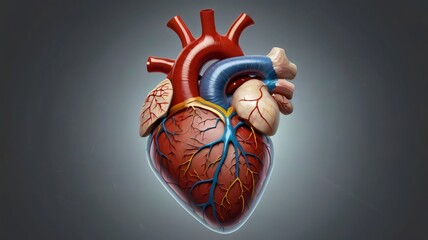Detailed anatomical illustration of a human heart, medical education diagram, cardiovascular system anatomy, scientific healthcare illustration, biology study reference image