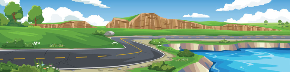 Vector illustration of a winding asphalt road running through a green landscape with a river, rocky cliffs, trees, and a blue sky with white clouds. Scenic nature background for travel concepts.