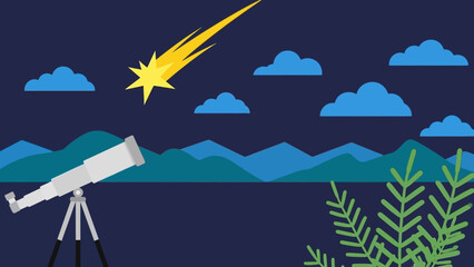 Telescope viewing a shooting star in a serene night landscape. © Abhinaya Project