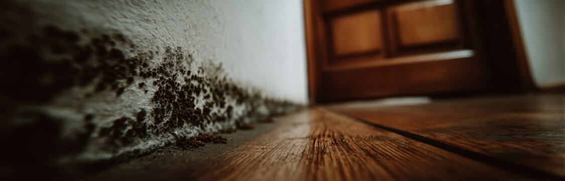 A filthy corner of a room shows mold on the white wall and wooden floor, with dust and grime building up on the skirting board