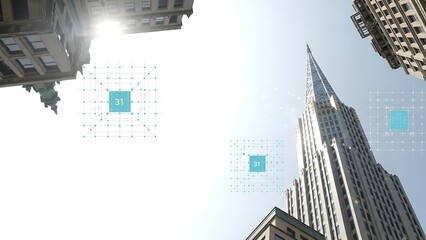 Futuristic urban cityscape looking up at tall buildings with digital network overlays, perfect for concepts of smart cities, data infrastructure, and advanced urban development.