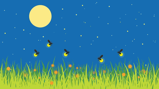 Fireflies Dancing in the Night Sky with Flowers and Grass.