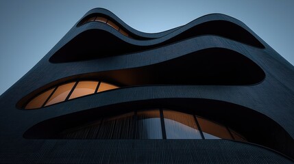 Modern architectural facade with curved lines at twilight.