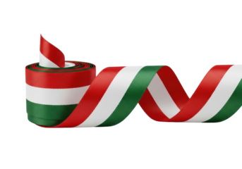 Elegant, curled satin ribbon with Hungarian flag colors on white background, UHD photorealistic studio shot, no shadows, concept for national symbol branding
