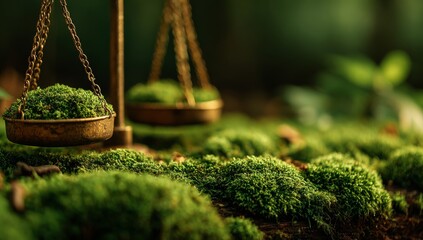 The justice scales, perched on a green, mossy surface amid new plant growth, signify the fairness of environmental law and the importance of eco investments for safeguarding nature and fostering a