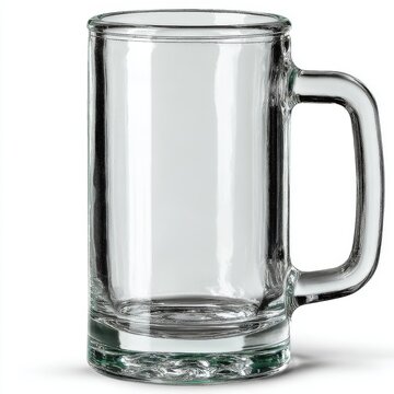 An empty clear glass beer mug with a handle rests on a white backdrop, awaiting a chilled drink for a pub or Oktoberfest celebration