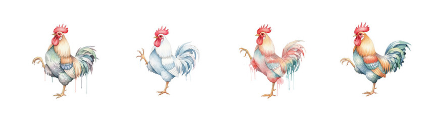Fototapeta premium Four watercolor roosters in varied colors and poses isolate chicken bird
