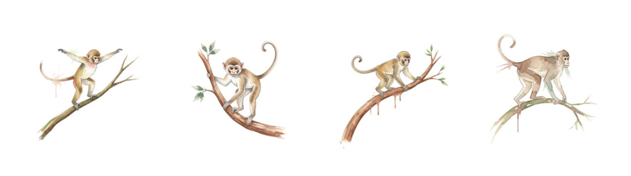 Four watercolor monkeys on branches playful and curious poses isolate animal