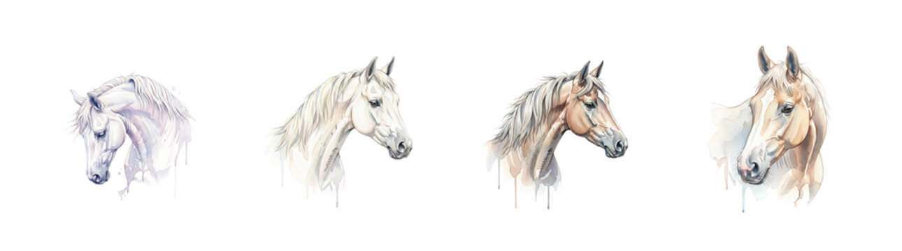 Watercolor paintings of four horse heads two white and two light brown with dripping paint effects isolate