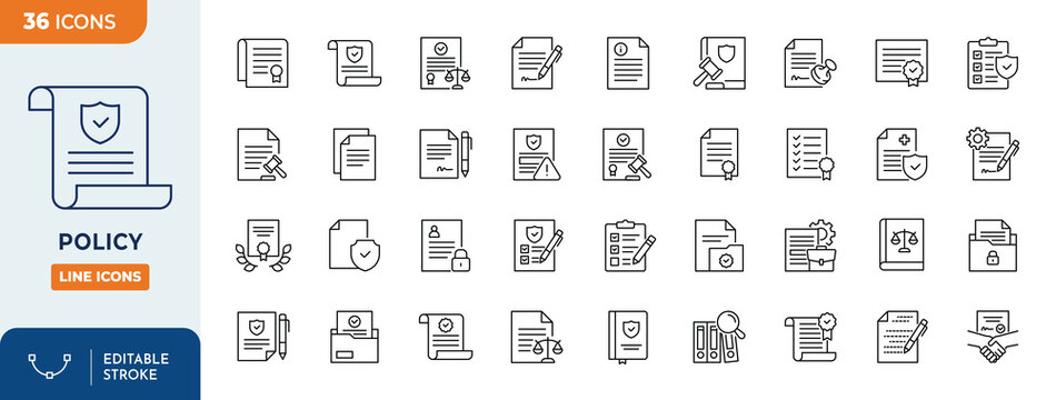 Policy line editable icon set. Contain icons related to policy, law, legal, and more. Editable stroke. Vector illustration