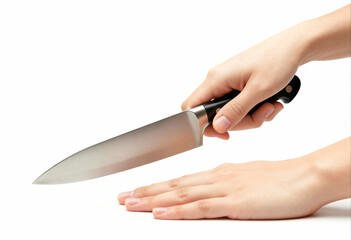 Hands preparing food with a kitchen knife on white background
