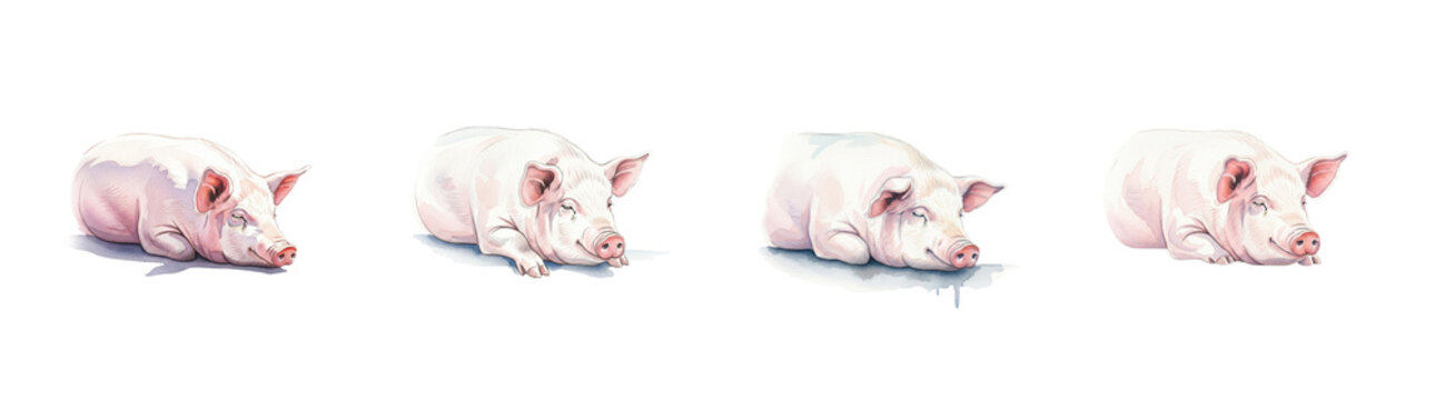 Four Resting Pink Pigs With Closed Eyes On A Transparent Background Isolate Swine