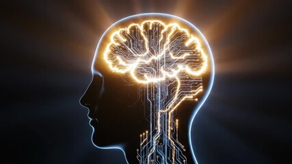 Digital brain circuitry glowing inside human head silhouette rotating 3D animation, representing artificial intelligence or data transfer. - Powered by Adobe