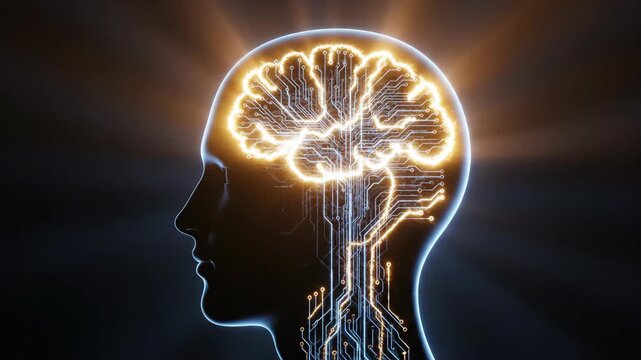 Digital brain circuitry glowing inside human head silhouette rotating 3D animation, representing artificial intelligence or data transfer.