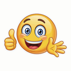 Cheerful yellow smiley face giving a thumbs up and waving hello © ariyan