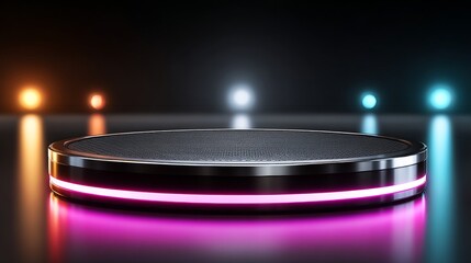 A sleek circular platform featuring a metallic edge, set on a purple surface with a blurred bokeh light backdrop, ideal for showcasing luxury items