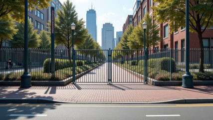 Modern urban gate with metal bars blocking wide pedestrian path representing access control in residential transport zone