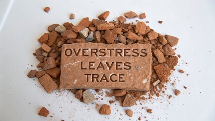 Brick With Engraved Message 'Overstress Leaves Trace' Amidst Debris